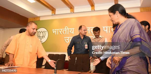 Chief Minister Yogi Adityanath along with Minister of Defence Smt. Nirmala Sitharaman during a press conference at BJP Party office, on April 6, 2018...