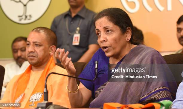 Chief Minister Yogi Adityanath along with Minister of Defence Smt. Nirmala Sitharaman during a press conference at BJP Party office, on April 6, 2018...