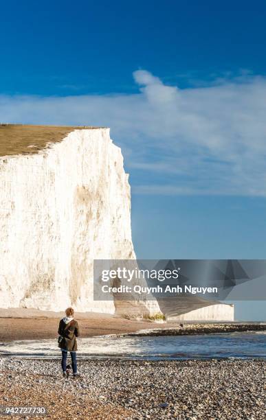 uk: english heritage seven sisters coastline's chalk cliffs and beach - cuckmere haven stock pictures, royalty-free photos & images
