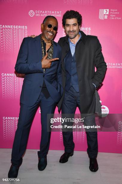 Antonio Fargas and Abdelhafid Metalsi from the serie "Cherif" attend a photocall during the 1st Cannes International Series Festival on April 6, 2018...