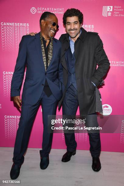 Antonio Fargas and Abdelhafid Metalsi from the serie "Cherif" attend a photocall during the 1st Cannes International Series Festival on April 6, 2018...