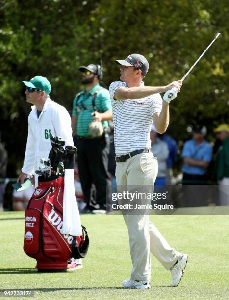 Brendan Steele of the United States plays a shot on the first hole during the second round of the 2018 Masters Tournament at Augusta National Golf...