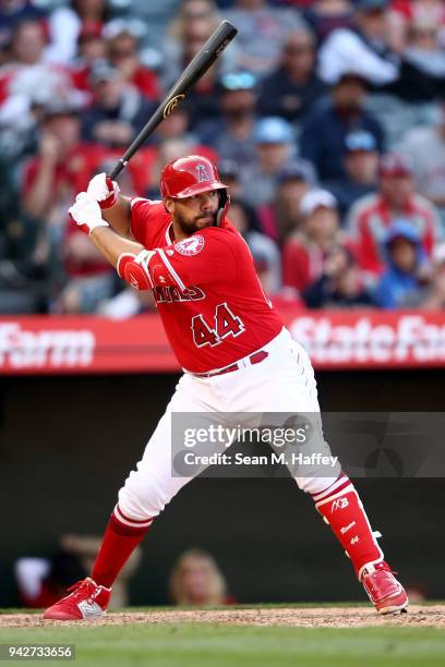 Rene Rivera of the Los Angeles Angels of Anaheim bats during a game against the Cleveland Indians at Angel Stadium on April 4, 2018 in Anaheim,...