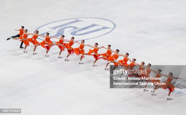 Team Fusion of Spain compete in the Short Program during the World Synchronized Skating Championships at Ericsson Globe on April 6, 2018 in...