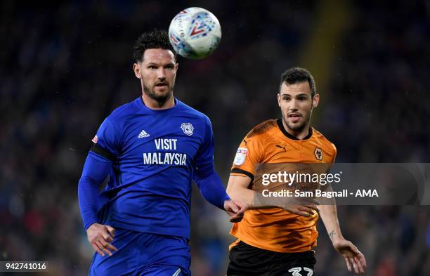 Sean Morrison of Cardiff City and Leo Bonatini of Wolverhampton Wanderers during of the Sky Bet Championship match between Cardiff City and...