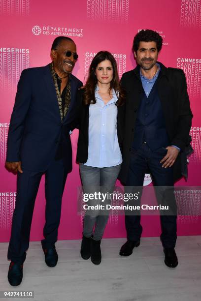 Antonio Fargas, Aurore Erguy and Abdelhafid Metalsi pose before a masterclass session during the 1st Cannes International Series Festival on April 6,...