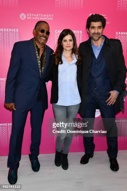 Antonio Fargas, Aurore Erguy and Abdelhafid Metalsi pose before a masterclass session during the 1st Cannes International Series Festival on April 6,...