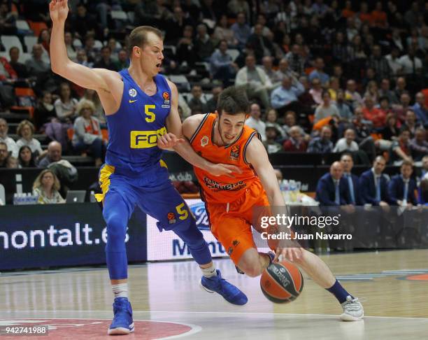 Sergi Garcia, #5 of Valencia Basket competes with Michael Roll, #5 of Maccabi Fox Tel Aviv during the 2017/2018 Turkish Airlines EuroLeague Regular...