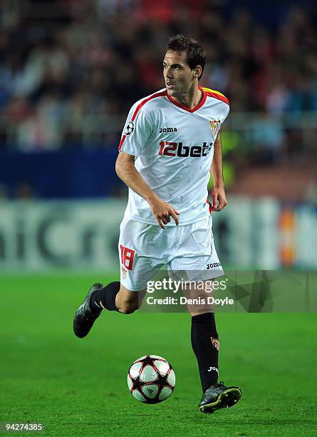 Fernando Navarro of Sevilla in action during the UEFA Champions League Group G match between Sevilla and Rangers FC at the Sanchez Pizjuan stadium on...