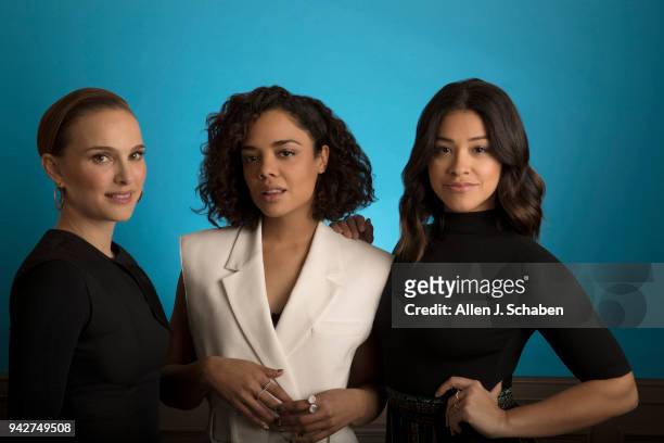 Actresses Natalie Portman, Tessa Thompson and Gina Rodriguez are photographed for Los Angeles Times on February 10, 2018 in Los Angeles, California....