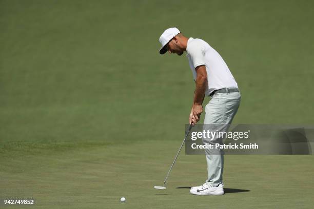 Kevin Chappell of the United States putts on the second hole during the second round of the 2018 Masters Tournament at Augusta National Golf Club on...