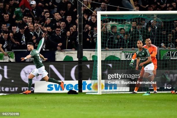 Remy Cabella of Saint Etienne celebrates during the Ligue 1 match between AS Saint-Etienne and Paris Saint Germain at Stade Geoffroy-Guichard on...