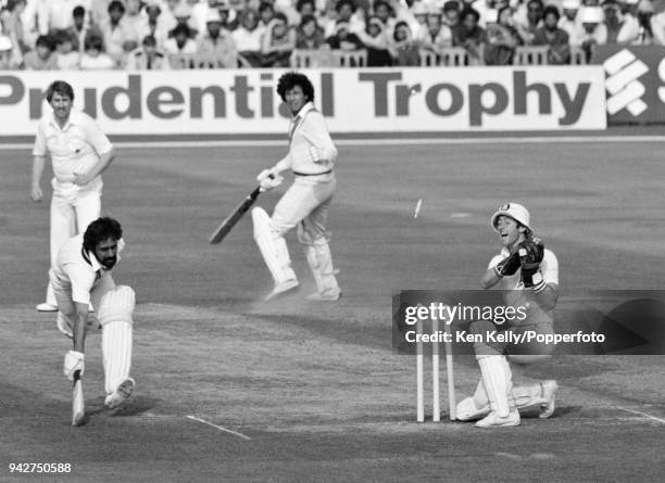 Pakistan batsman Wasim Raja survives a runout attempt by Bob Taylor of England in the 2nd Prudential Trophy One Day International between England and...