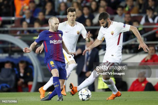 Andres Iniesta of FC Barcelona, Stephan El Shaarawy of AS Roma, Maxime Gonalons of AS Roma during the UEFA Champions League quarter final match...