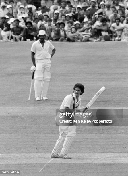 Larry Gomes batting for West Indies watched by his captain Clive Lloyd during the Prudential World Cup Final between India and West Indies at Lord's...