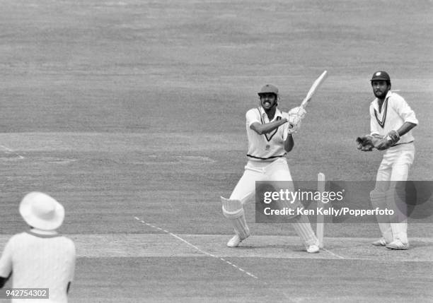 Kapil Dev batting for India during the Prudential World Cup Final between India and West Indies at Lord's Cricket Ground, London, 25th June 1983. The...