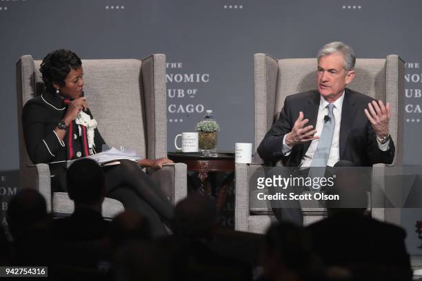 Federal Reserve Chairman Jerome Powell fields questions from Mellody Hobson, president of Ariel Investments, during a luncheon hosted by the Economic...