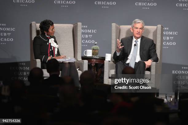 Federal Reserve Chairman Jerome Powell fields questions from Mellody Hobson, president of Ariel Investments, during a luncheon hosted by the Economic...