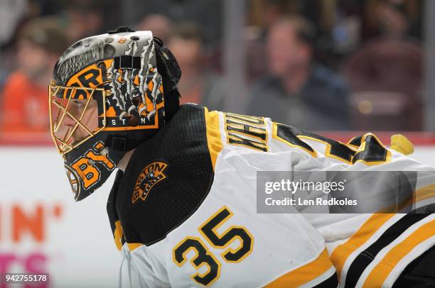 Anton Khudobin of the Boston Bruins looks on against the Philadelphia Flyers on April 1, 2018 at the Wells Fargo Center in Philadelphia, Pennsylvania.