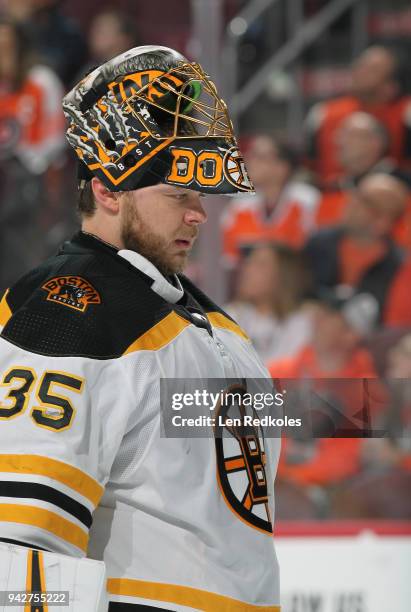 Anton Khudobin of the Boston Bruins looks on against the Philadelphia Flyers on April 1, 2018 at the Wells Fargo Center in Philadelphia, Pennsylvania.