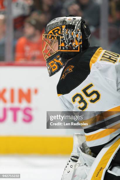 Anton Khudobin of the Boston Bruins looks on against the Philadelphia Flyers on April 1, 2018 at the Wells Fargo Center in Philadelphia, Pennsylvania.