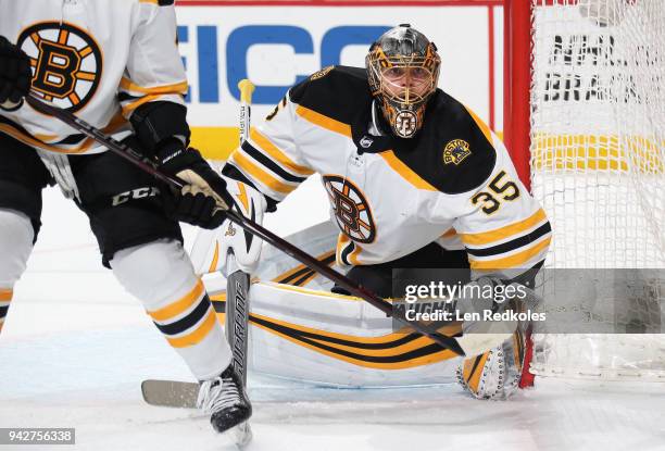 Anton Khudobin of the Boston Bruins watches the play along the far boards against the Philadelphia Flyers on April 1, 2018 at the Wells Fargo Center...