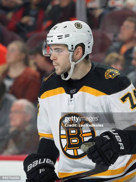 Jake DeBrusk of the Boston Bruins looks on against the Philadelphia Flyers on April 1, 2018 at the Wells Fargo Center in Philadelphia, Pennsylvania.