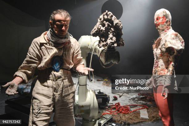 Marta Malikowska and Krzysztof Piatkowski from Juliusz Slowacki Theater during a media performance of a play 'Robot Tales' by Stanisaw Lem, directed...