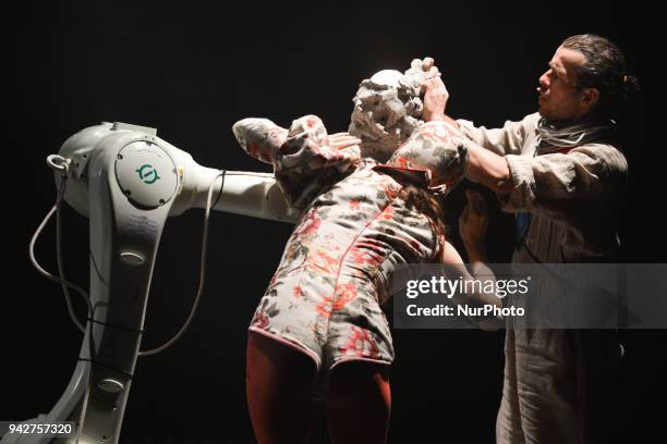 Marta Malikowska and Krzysztof Piatkowski from Juliusz Slowacki Theater during a media performance of a play 'Robot Tales' by Stanisaw Lem, directed...