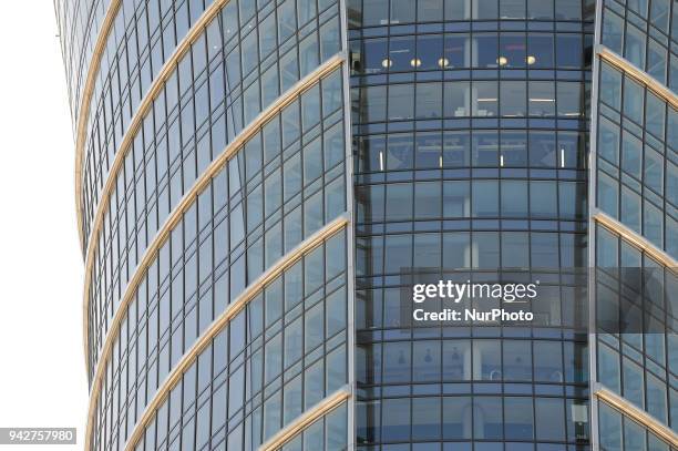 The Warsaw Spire skyscraper on Plac Europejski is seen in Warsaw, Poland on April 6, 2018. The building, developed by Ghelamco and opened in mid 2016...