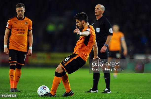 Ruben Neves of Wolverhampton Wanderers scores his sides first goal during the Sky Bet Championship match between Cardiff City and Wolverhampton...