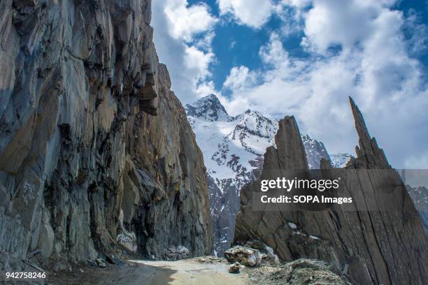 View of the snow covered mountains at the snow-cleared Srinagar-Leh highway in Zojila, 108 KM far from Srinagar, the summer capital of Indian...