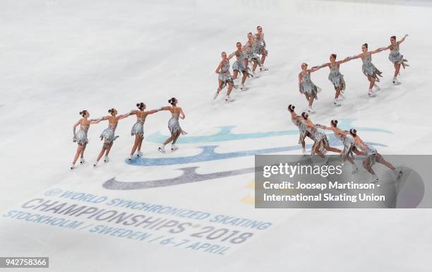 Team Paradise of Russia compete in the Short Program during the World Synchronized Skating Championships at Ericsson Globe on April 6, 2018 in...