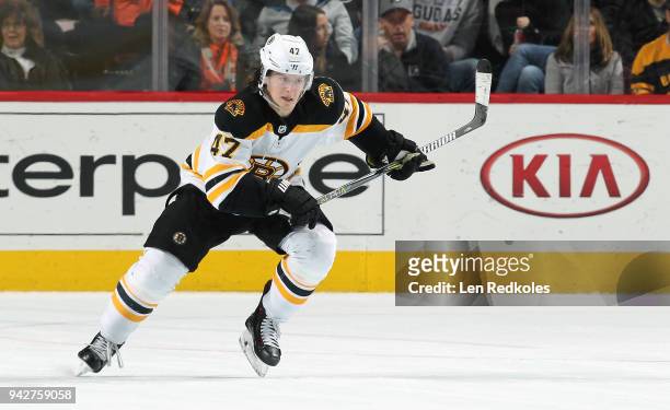 Torey Krug of the Boston Bruins skates against the Philadelphia Flyers on April 1, 2018 at the Wells Fargo Center in Philadelphia, Pennsylvania.