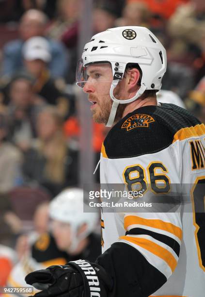 Kevan Miller of the Boston Bruins looks on against the Philadelphia Flyers on April 1, 2018 at the Wells Fargo Center in Philadelphia, Pennsylvania.