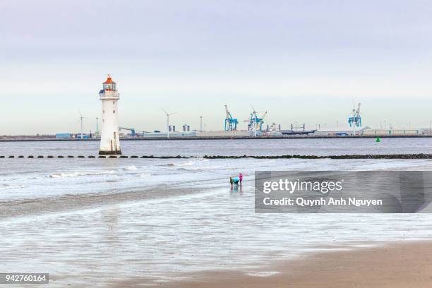 uk, wirral, merseyside: new brighton lighthouse and beach shore - river mersey stock pictures, royalty-free photos & images
