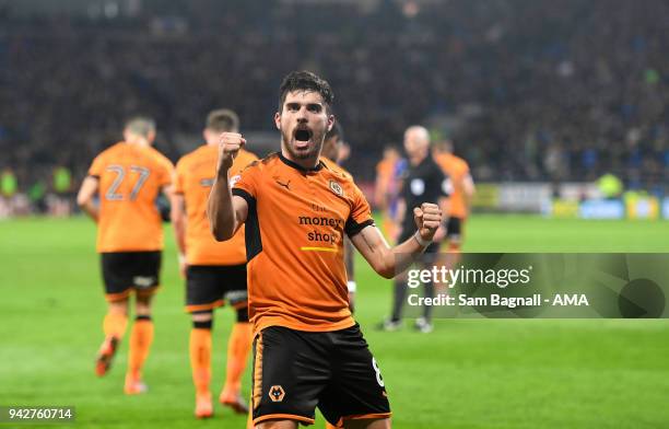 Ruben Neves of Wolverhampton Wanderers celebrates after scoring a goal to make it 0-1 during of the Sky Bet Championship match between Cardiff City...