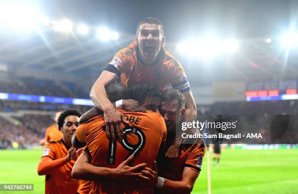 Ruben Neves of Wolverhampton Wanderers celebrates after scoring a goal to make it 0-1 during of the Sky Bet Championship match between Cardiff City...