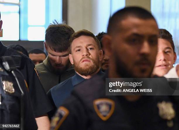 Irish Mixed Martial Arts fighter Conor McGregor leaves the Kings County Criminal Court on April 6, 2018 in New York. Irish Mixed Martial Arts fighter...