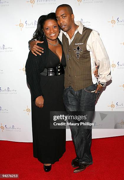 Neishia Farhangi and actor Miguel Nunez arrive at Simine Hashemizdeh's Holiday Red Carpet Event To Benefit M Benga Foundation on December 10, 2009 in...