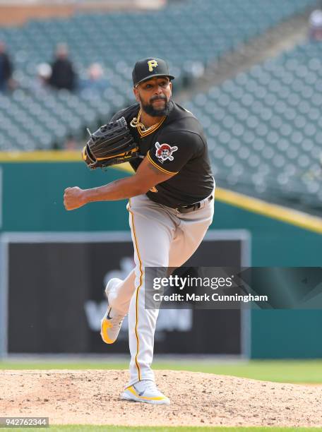 Felipe Rivero of the Pittsburgh Pirates pitches during game one of a double header against the Detroit Tigers at Comerica Park on April 1, 2018 in...