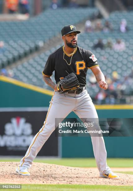 Felipe Rivero of the Pittsburgh Pirates pitches during game one of a double header against the Detroit Tigers at Comerica Park on April 1, 2018 in...