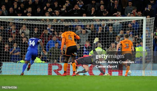 Wolverhampton Wanderers' John Ruddy saves Cardiff City's Gary Madine penalty during the Sky Bet Championship match between Cardiff City and...