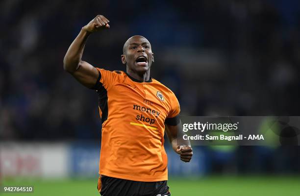 Benik Afobe of Wolverhampton Wanderers celebrates at full time during of the Sky Bet Championship match between Cardiff City and Wolverhampton...