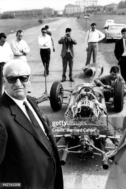 Enzo Ferrari, Ferrari test, Modena Autodrome, 30 April 1964. Enzo Ferrari during testing in Modena in 1964.