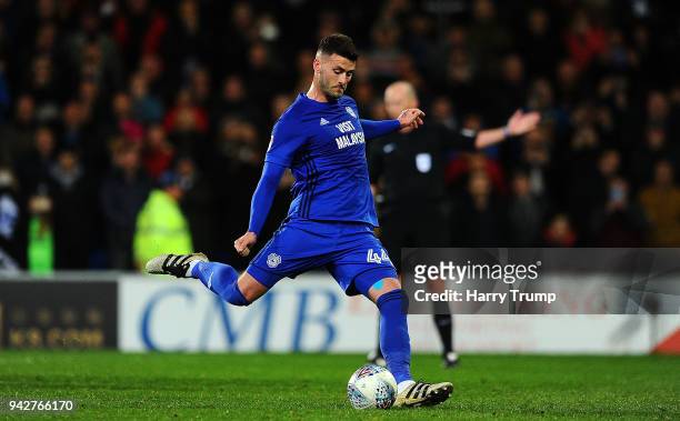 Gary Madine of Cardiff City misses a penalty in injury time during the Sky Bet Championship match between Cardiff City and Wolverhampton Wanderers at...