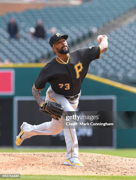 Felipe Rivero of the Pittsburgh Pirates pitches during game one of a double header against the Detroit Tigers at Comerica Park on April 1, 2018 in...