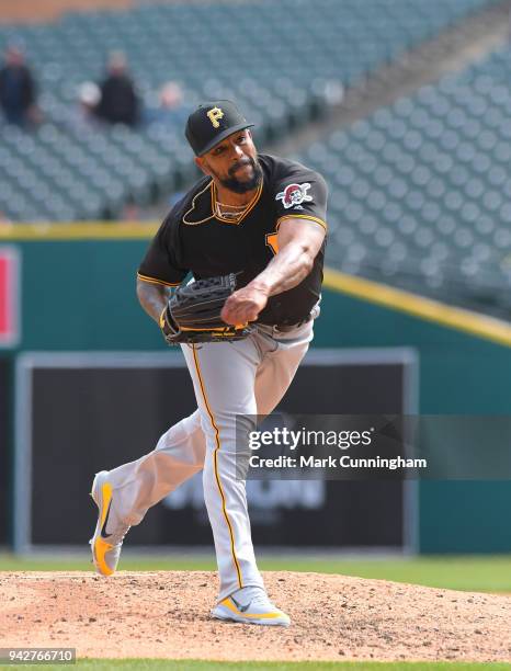 Felipe Rivero of the Pittsburgh Pirates pitches during game one of a double header against the Detroit Tigers at Comerica Park on April 1, 2018 in...