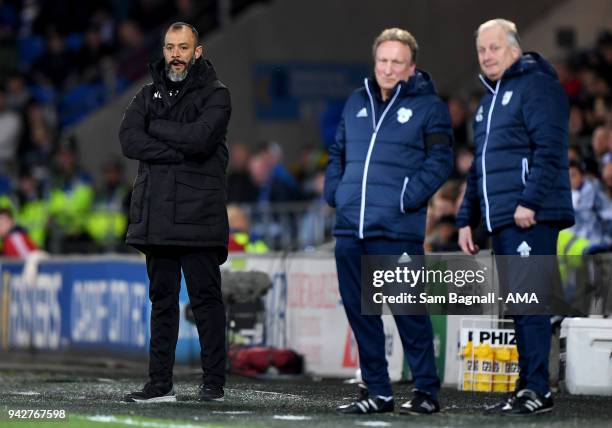 Nuno Espirito Santo manager / head coach of Wolverhampton Wanderers and Neil Warnock manager / head coach of Cardiff City during of the Sky Bet...