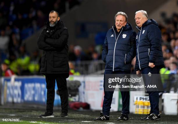 Nuno Espirito Santo manager / head coach of Wolverhampton Wanderers and Neil Warnock manager / head coach of Cardiff City during of the Sky Bet...